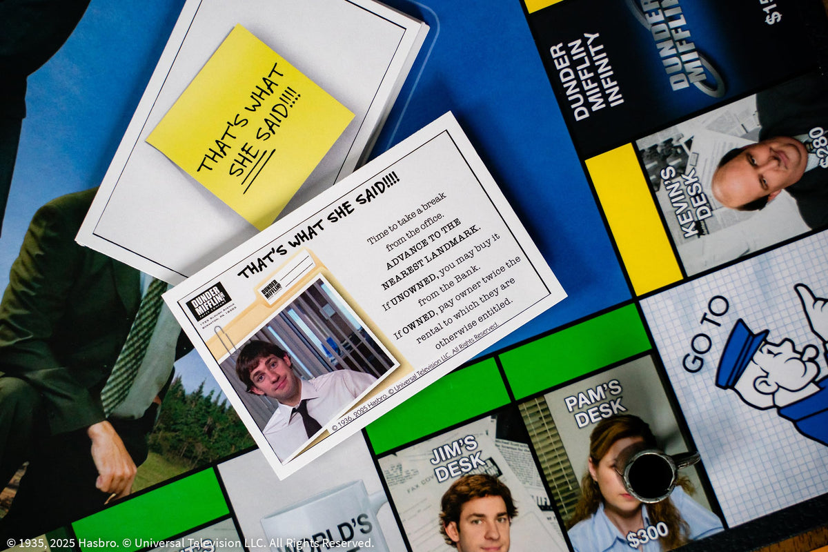USAOPOLY Monopoly: The Office paper box token brings familiar office chaos to the board.
