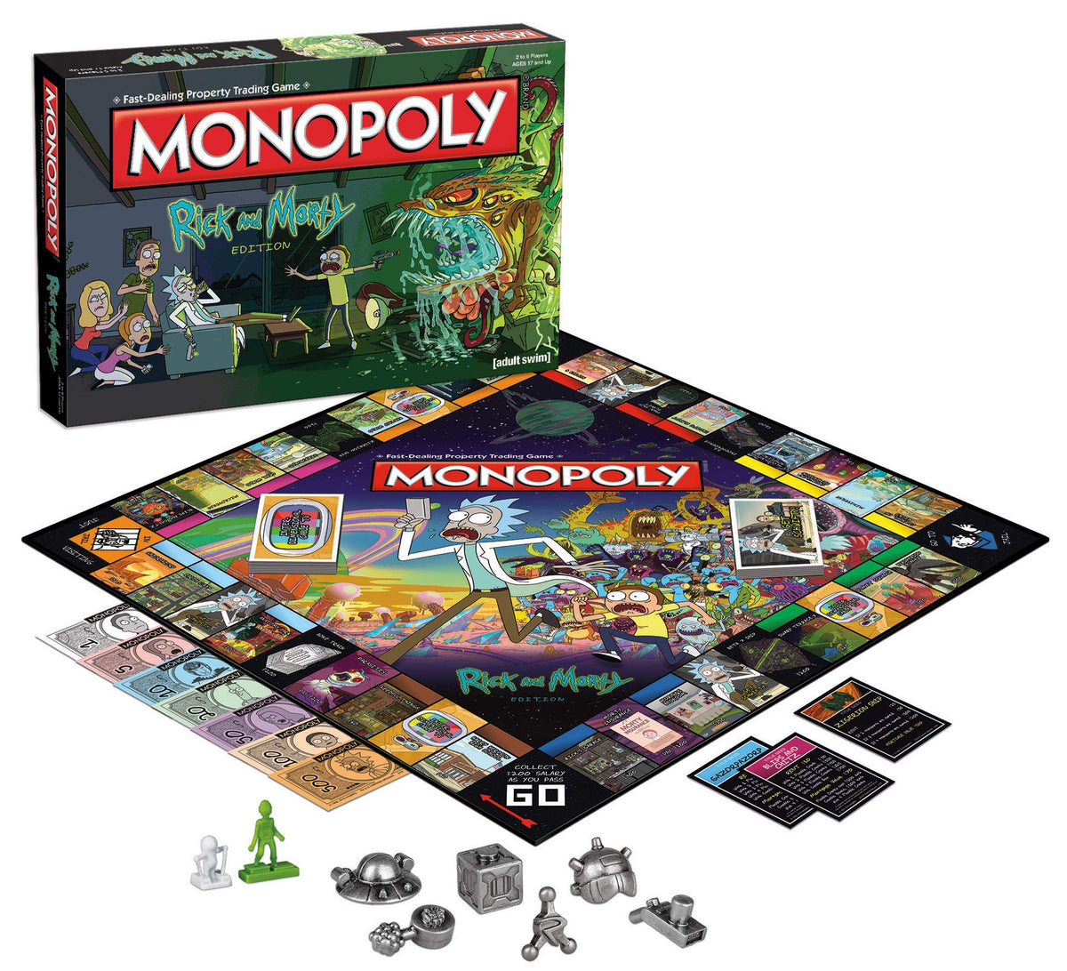 USAOPOLY Rick & Morty Monopoly board layout showing multiverse locations