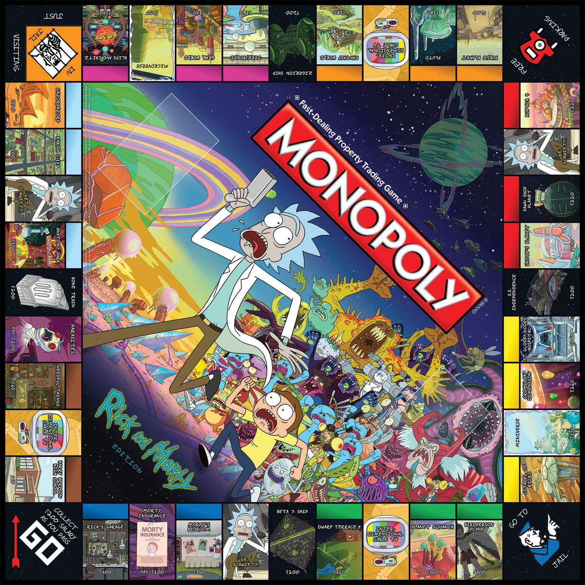 USAOPOLY Rick & Morty Monopoly collectible tokens in play