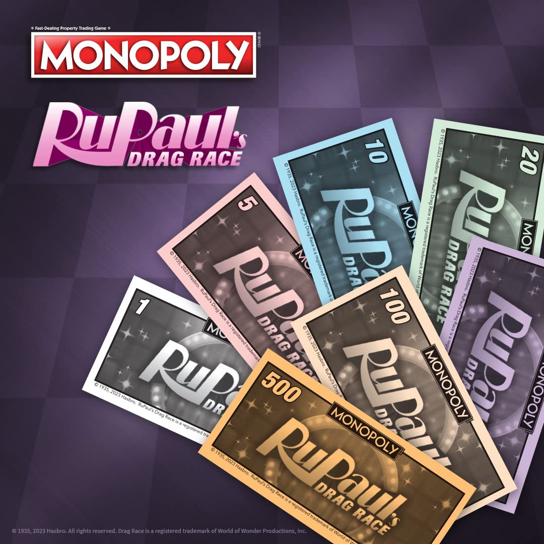 USAOPOLY RuPaul's Drag Race money tracks Ru Dollars for quick scoring.
