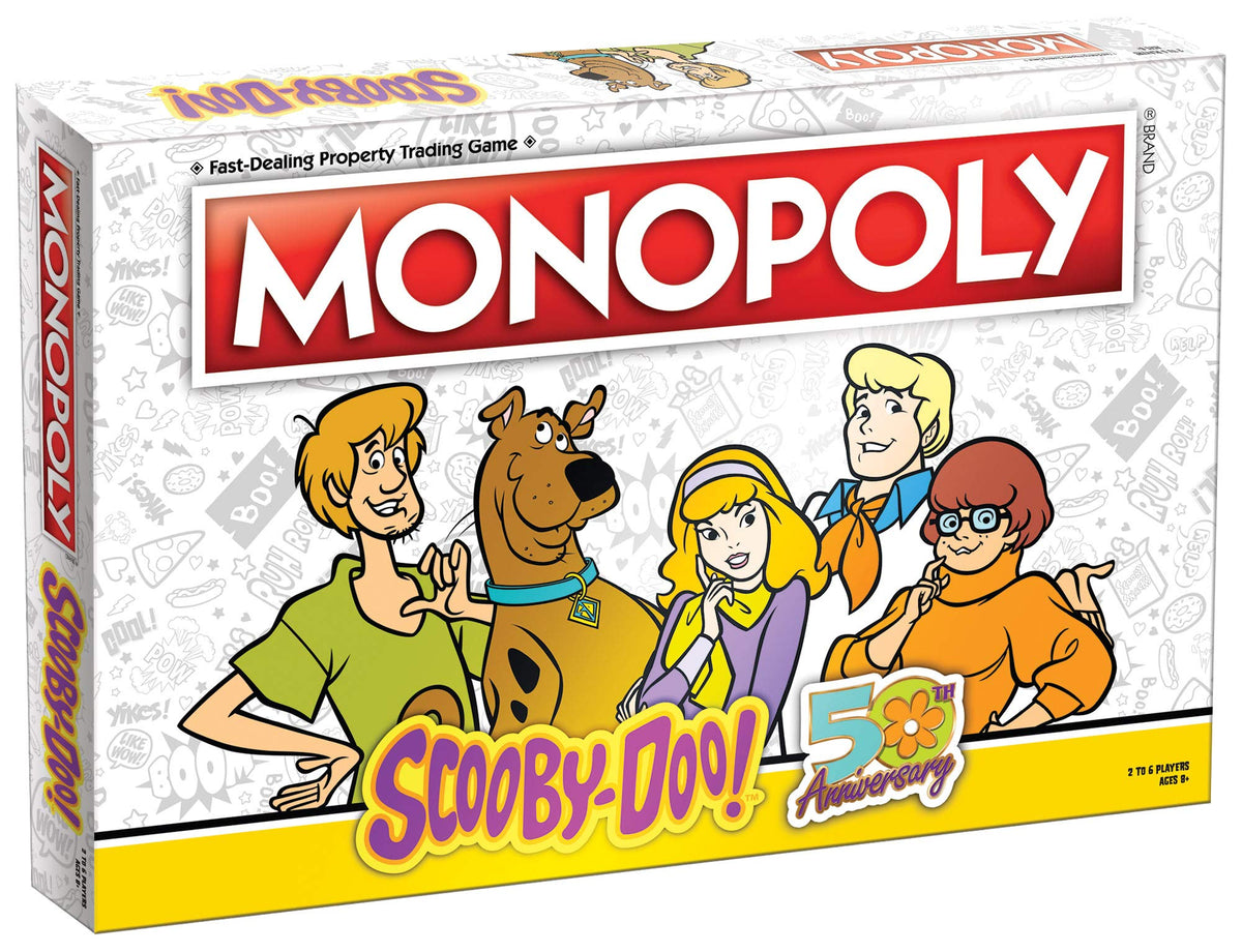 USAOPOLY Monopoly Scooby-Doo box cover shows classic characters for family game night.
