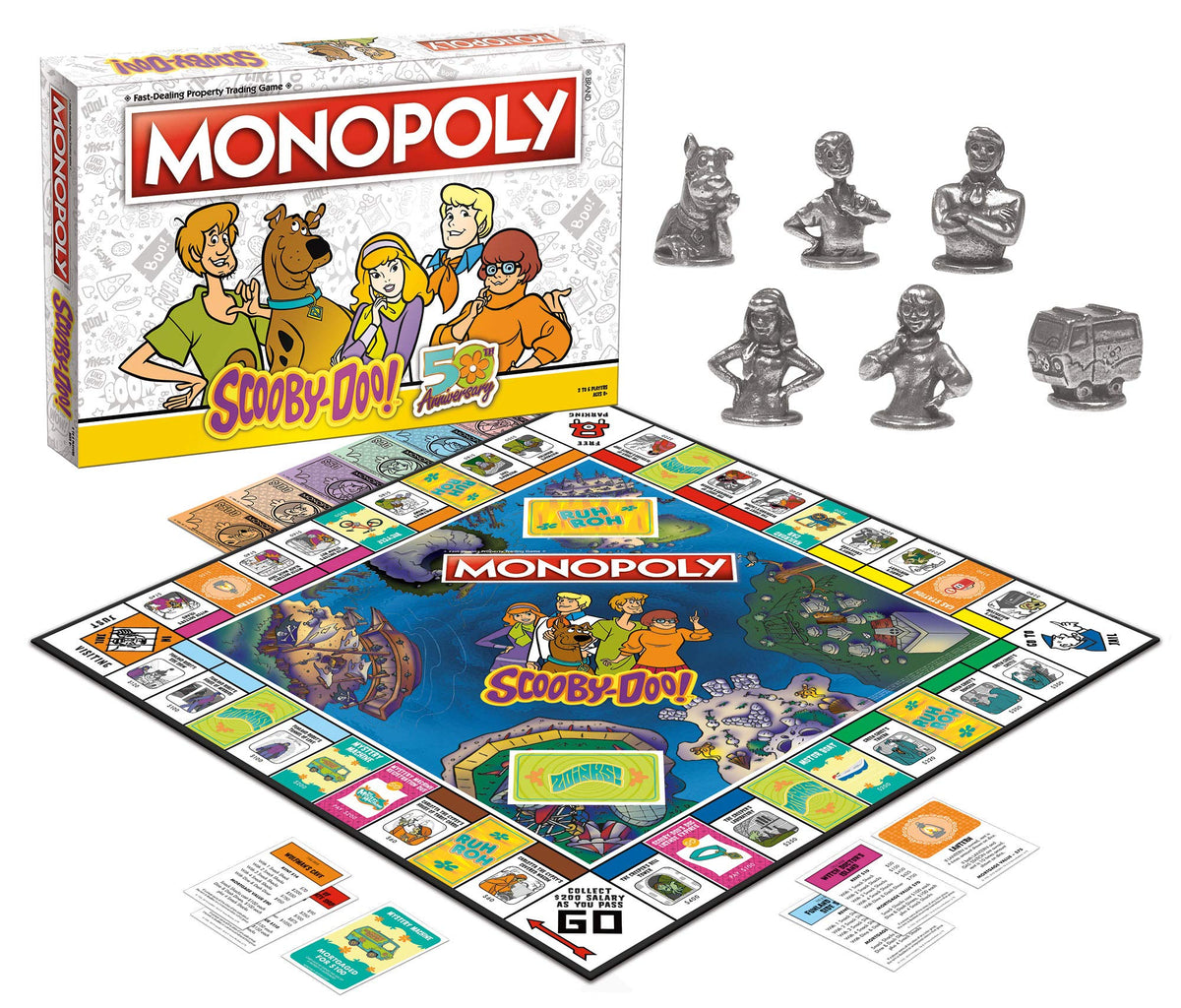 USAOPOLY Monopoly Scooby-Doo game board highlights 22 locations for strategic play.