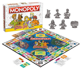 USAOPOLY Monopoly Scooby-Doo game board highlights 22 locations for strategic play.