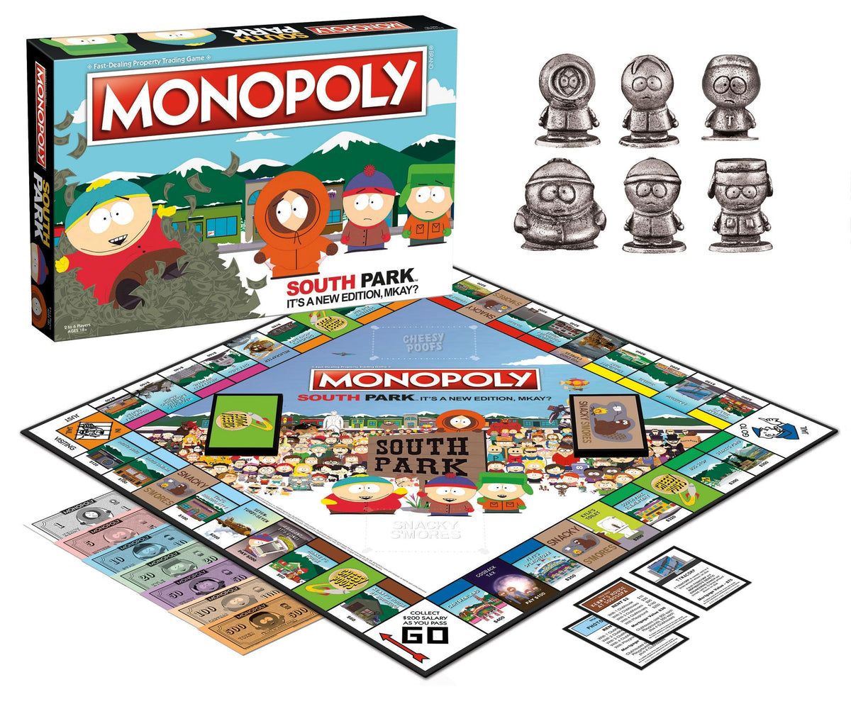 USAOPOLY Monopoly South Park character tokens in action on the board