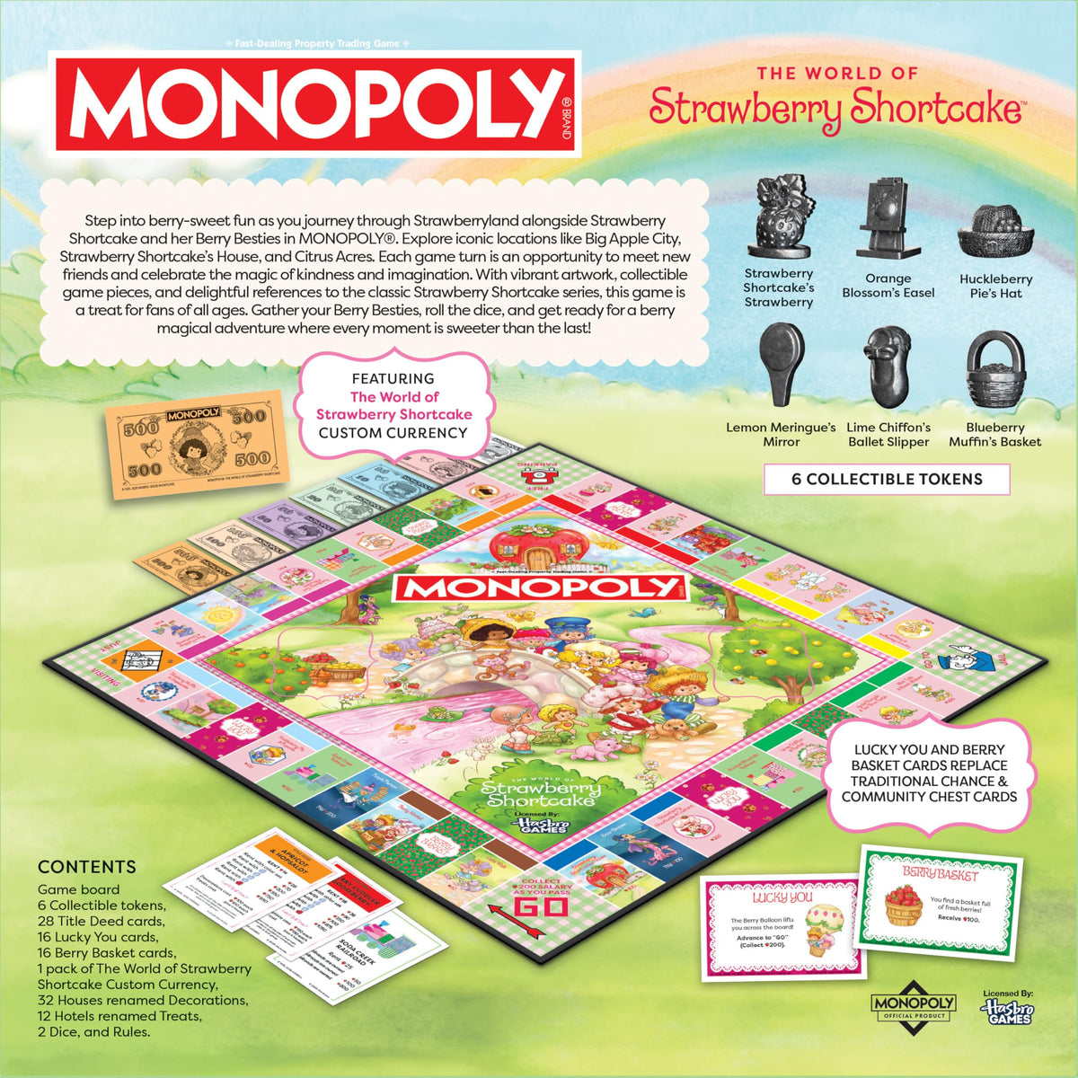 USAOPOLY Monopoly Strawberry Shortcake board artwork enhances collector display and nostalgia.
