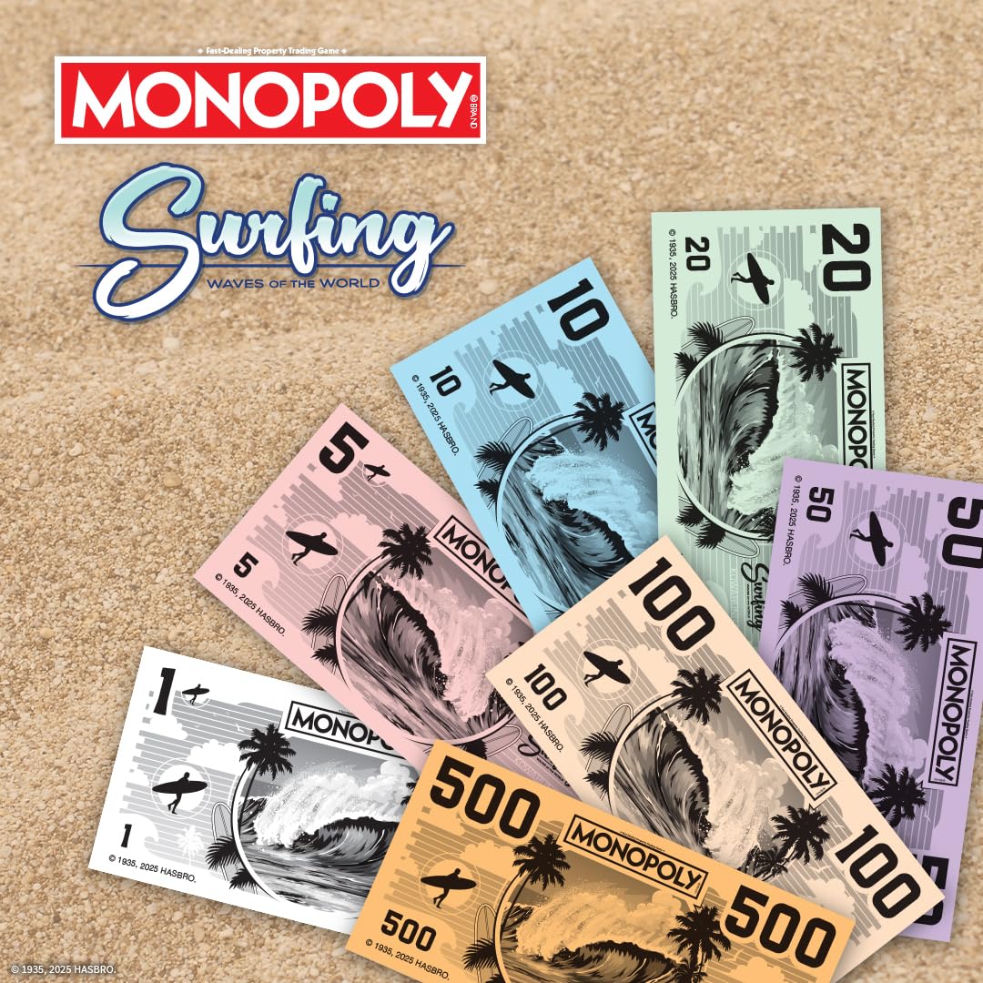 USAOPOLY Monopoly Surfing Waves tokens including board shorts for stylish gameplay.