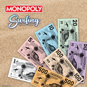 USAOPOLY Monopoly Surfing Waves tokens including board shorts for stylish gameplay.