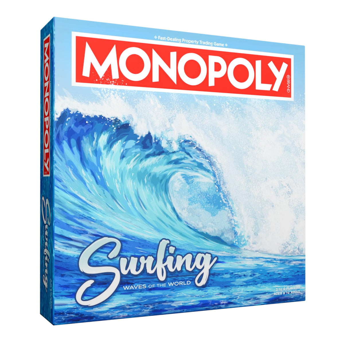 USAOPOLY Monopoly Surfing Waves World board featuring iconic surf spots for family play.