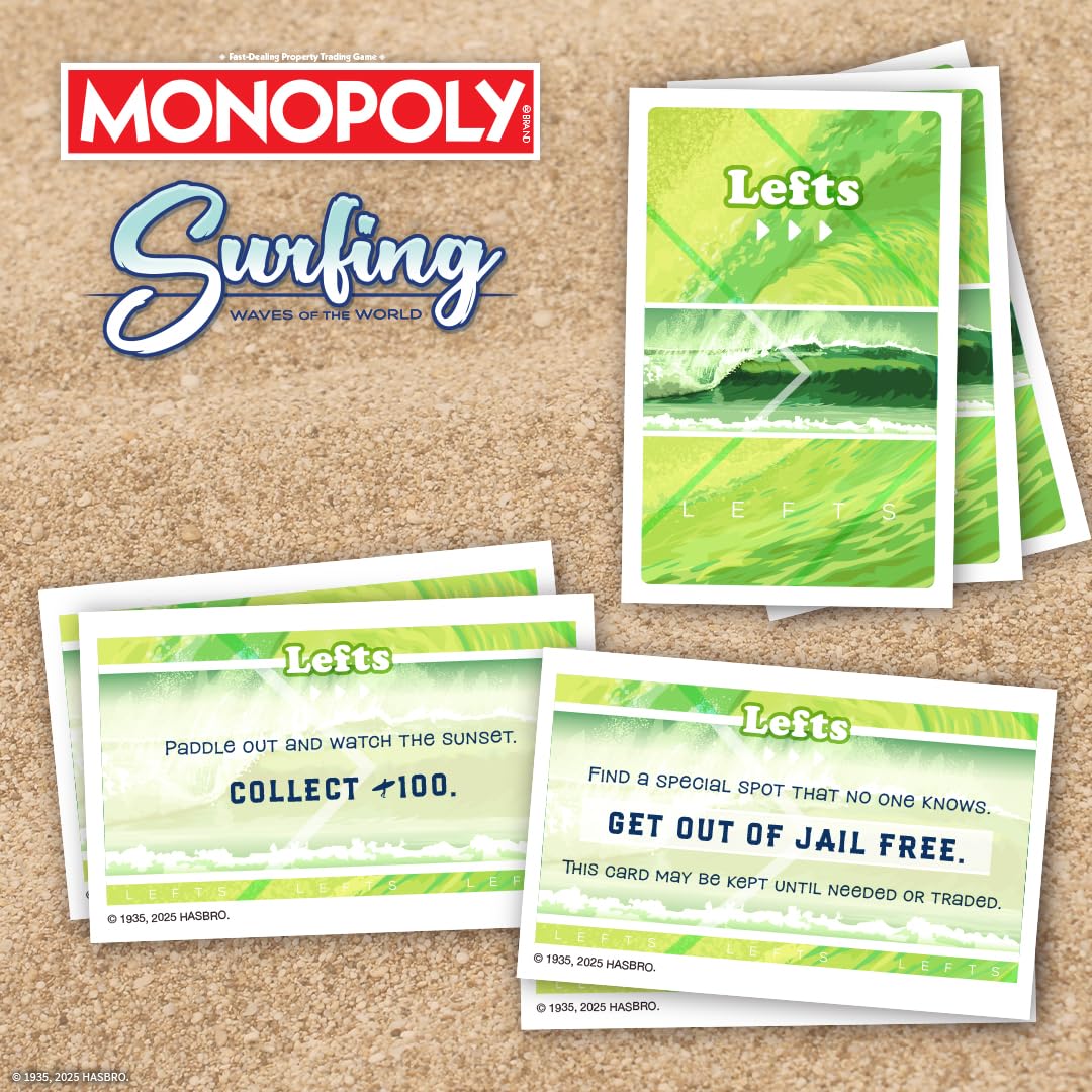 USAOPOLY Monopoly Surfing Waves huts and lodges imagery for coastal vibes.