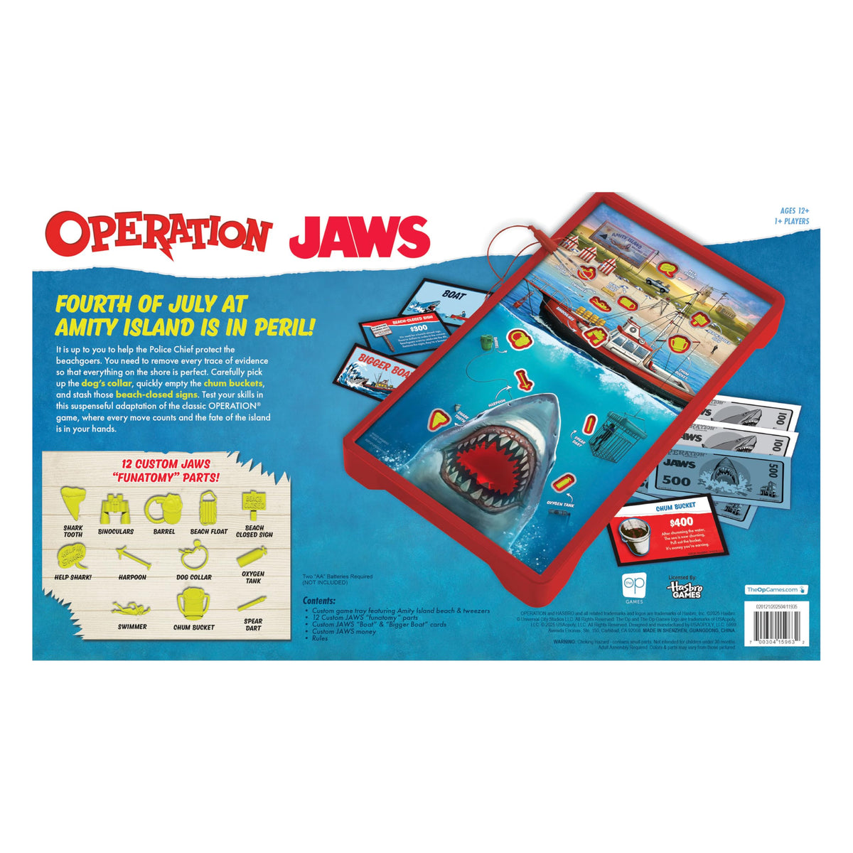 USAOPOLY Operation Jaws board game features a light-up mouth for dramatic tense moments.