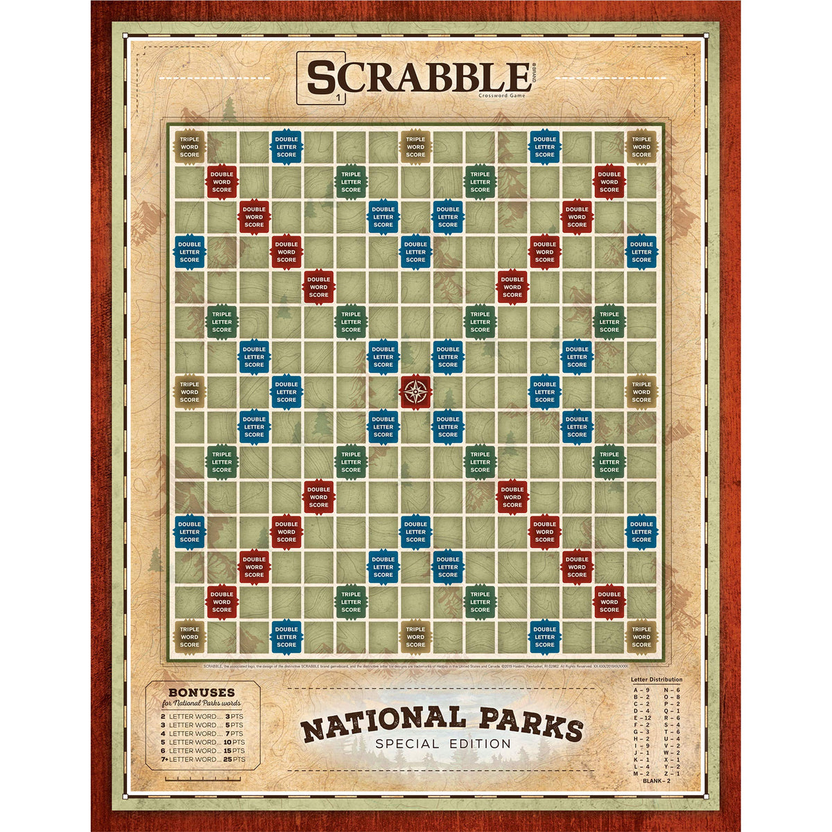 USAOPOLY Scrabble National Parks bonus cards highlighting park names for scoring