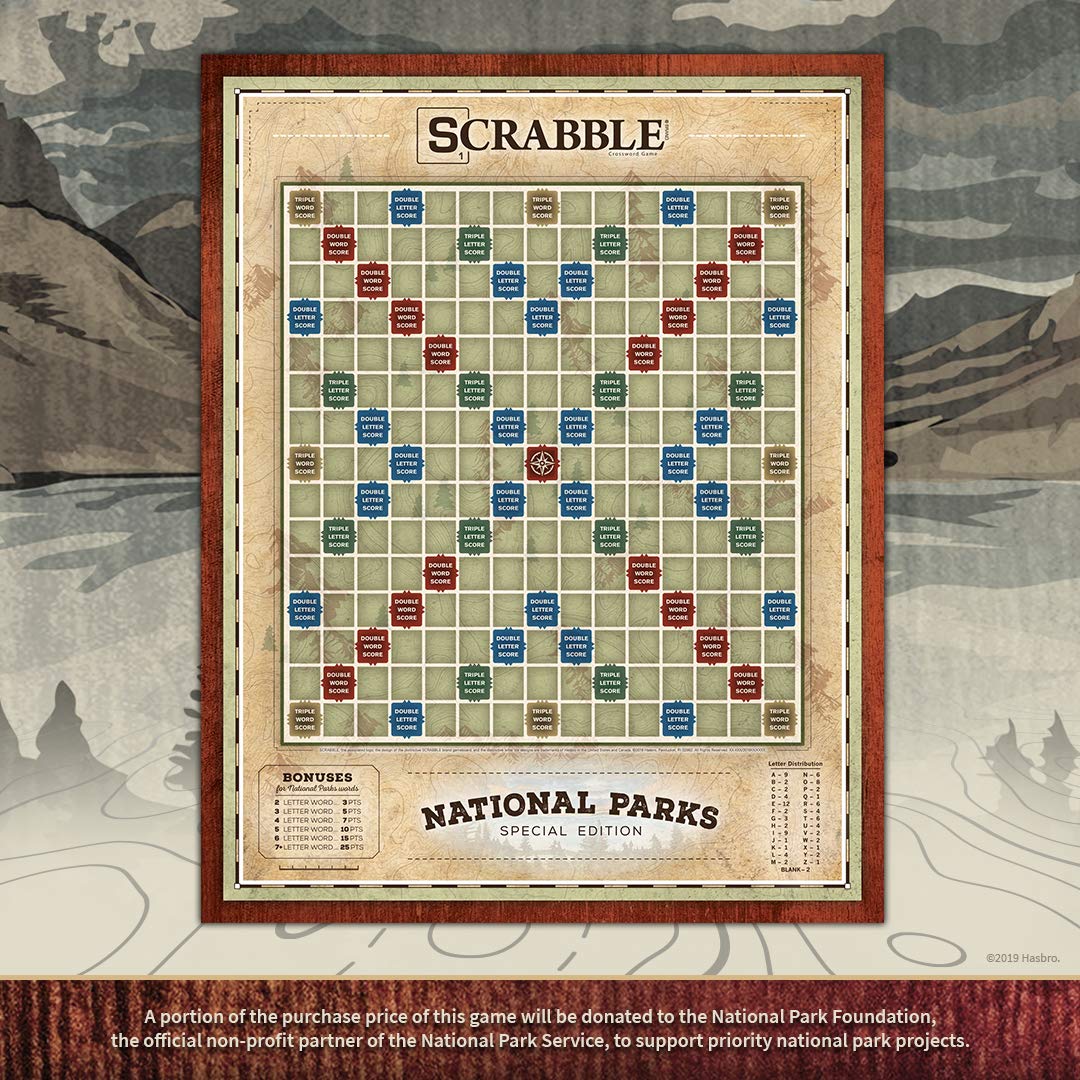 USAOPOLY Scrabble National Parks image showing family-friendly play for ages 8+