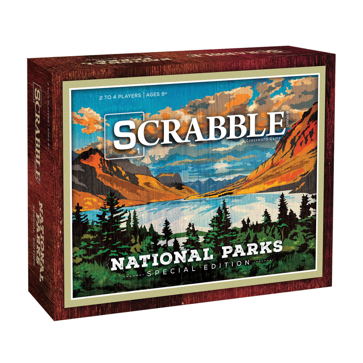USAOPOLY Scrabble National Parks game box, nature-inspired art for family game night
