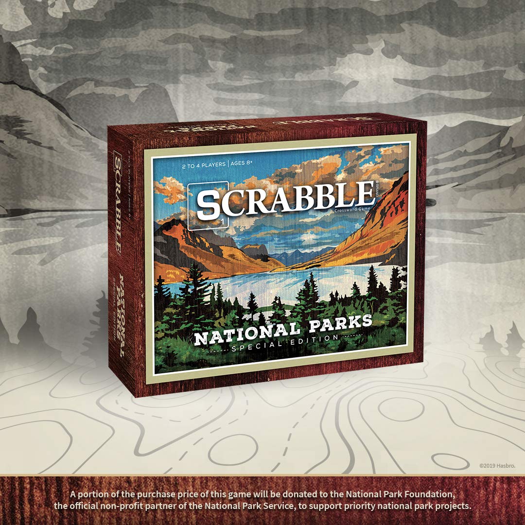 Packaging for USAOPOLY Scrabble National Parks highlighting charitable proceeds