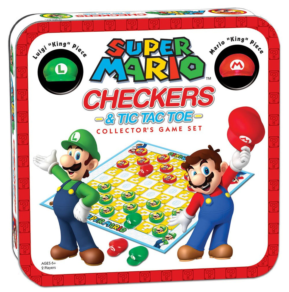 USAOPOLY Super Mario collector tin packaging for checkers and tic-tac-toe