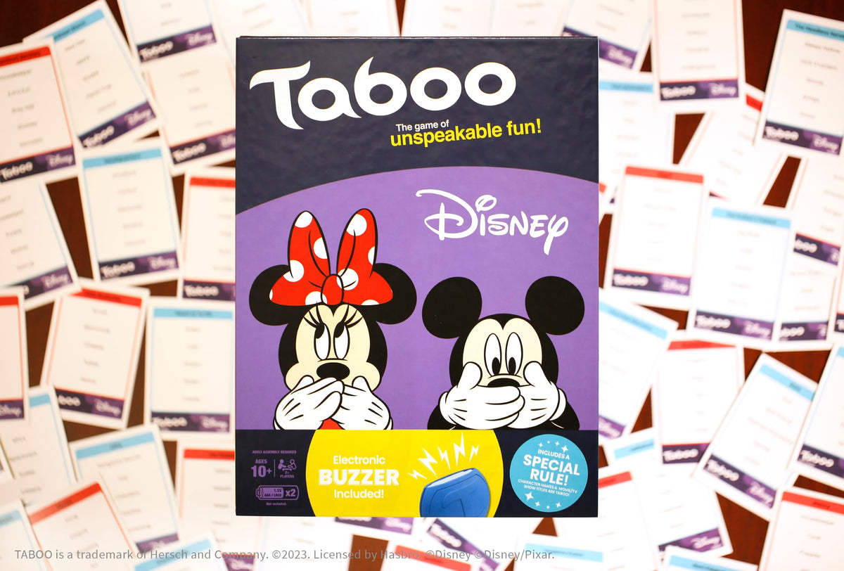 USAOPOLY Taboo Disney Edition rulebook outlining setup and scoring for easy play