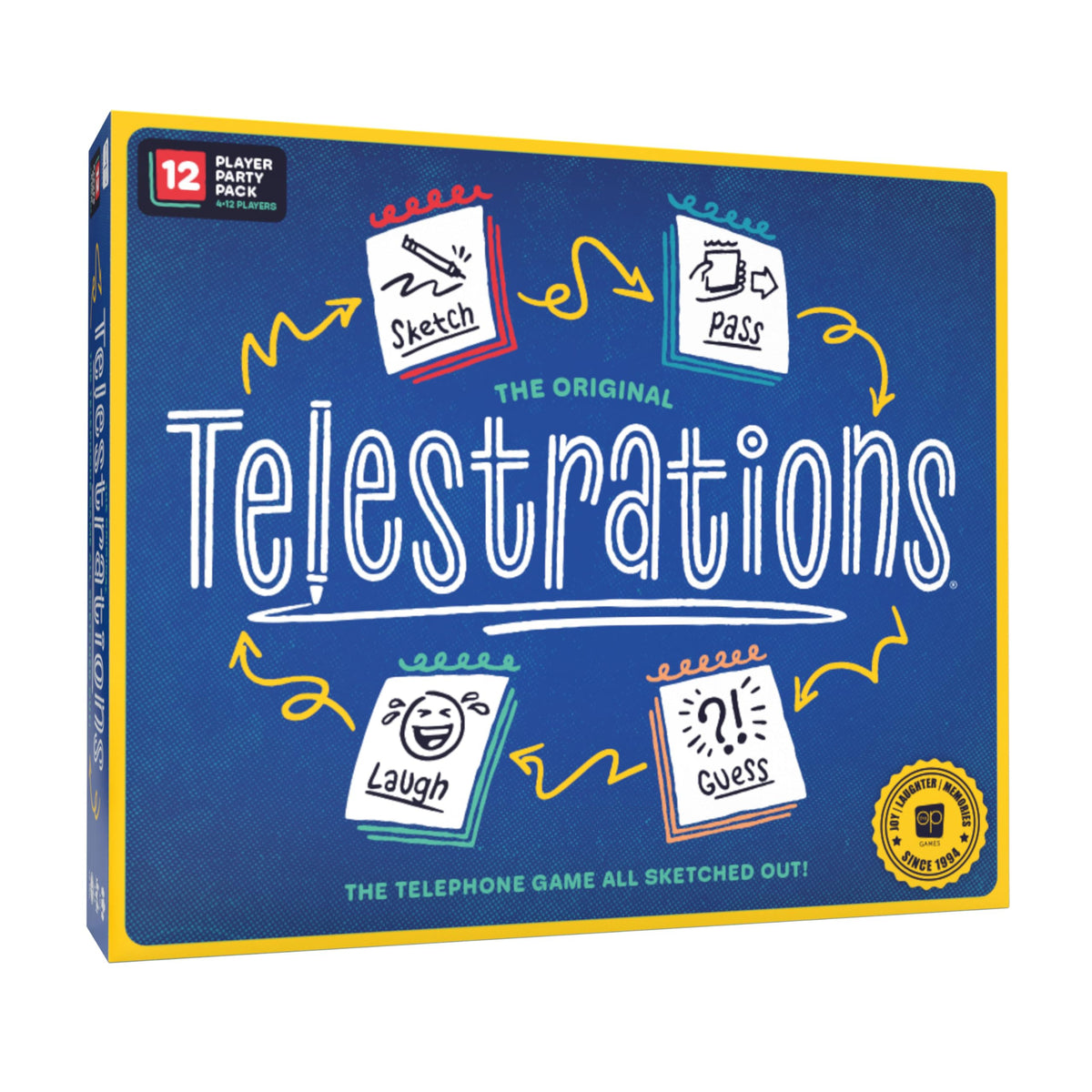 USAOPOLY Telestrations 12-Player edition box front shows award-winning fun for gatherings