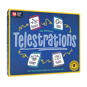 USAOPOLY Telestrations 12-Player edition box front shows award-winning fun for gatherings