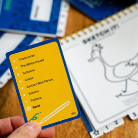 USAOPOLY Telestrations 8-Player game night laughter as players reveal guesses