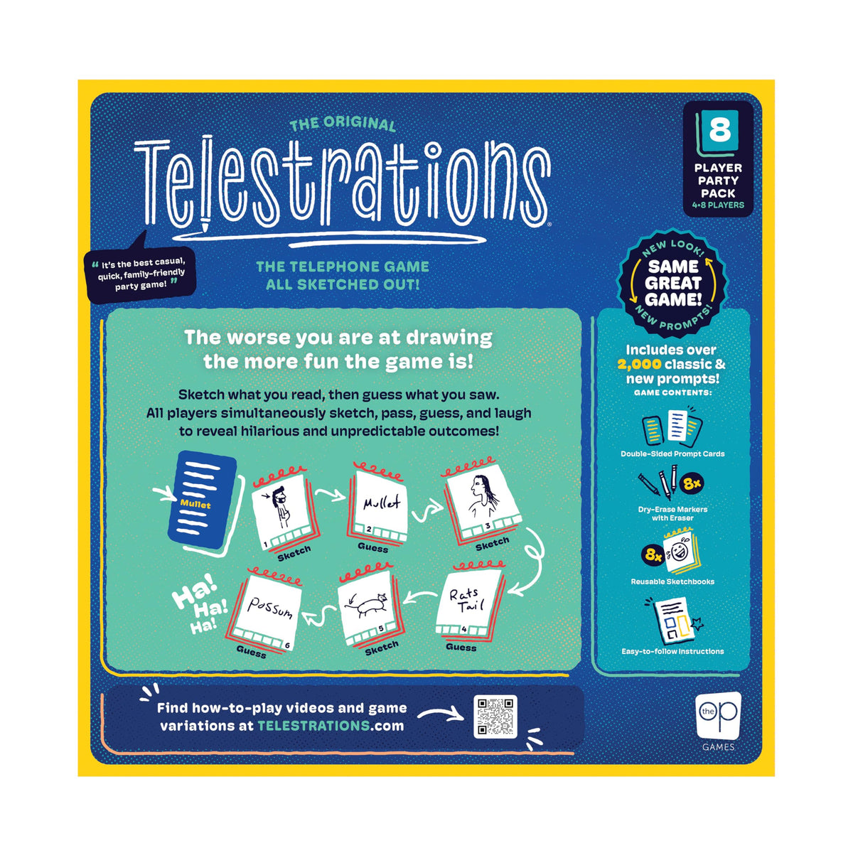 USAOPOLY Telestrations 8-Player setup on a table invites friends to play