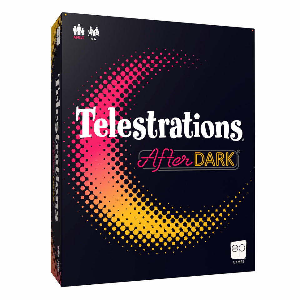 USAOPOLY Telestrations After Dark box on a table, ready for a lively party night.