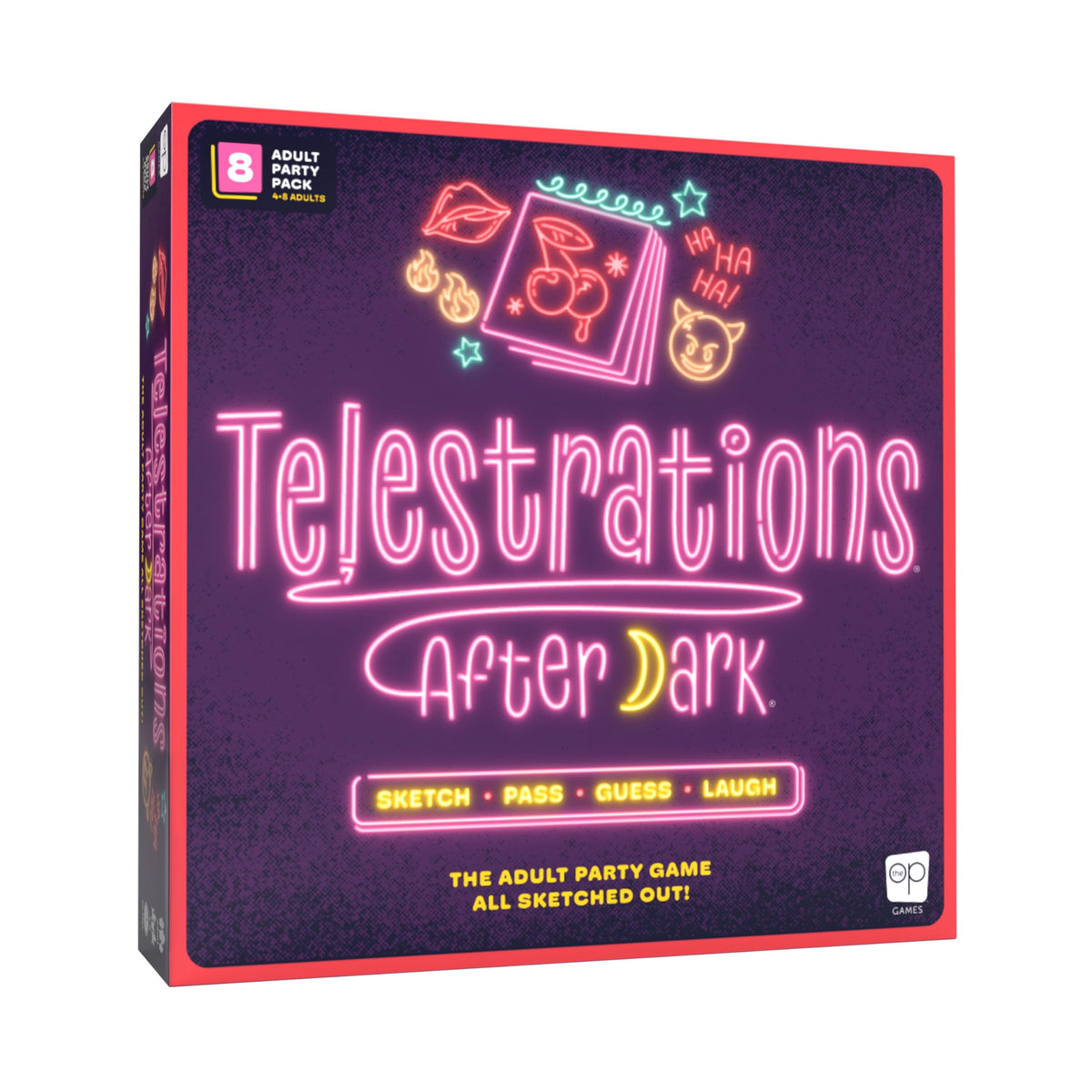 USAOPOLY Telestrations After Dark draw prompts for adults, fueling party laughs.