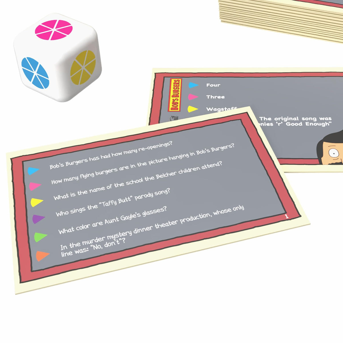 USAOPOLY Trivial Pursuit Bob's Burgers cards display with 100 questions for party play.