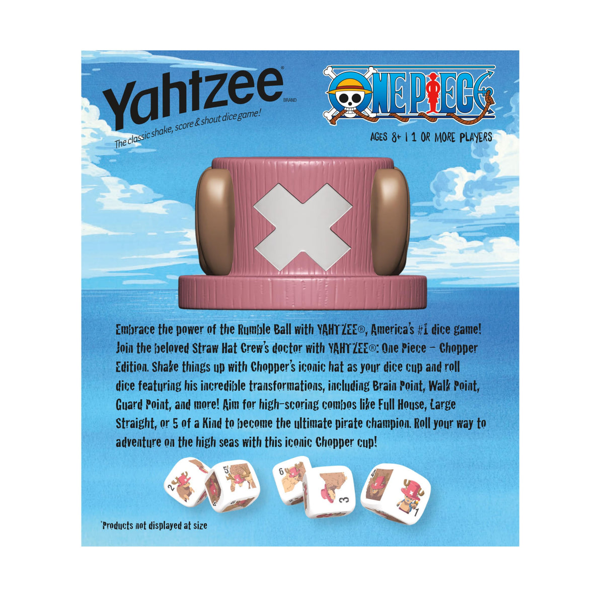 USAOPOLY Yahtzee One Piece Chopper travel-friendly edition for on-the-go play.