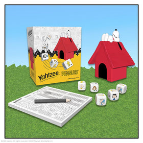 USAOPOLY Yahtzee Peanuts dice set with Peanuts-themed icons for authentic gameplay