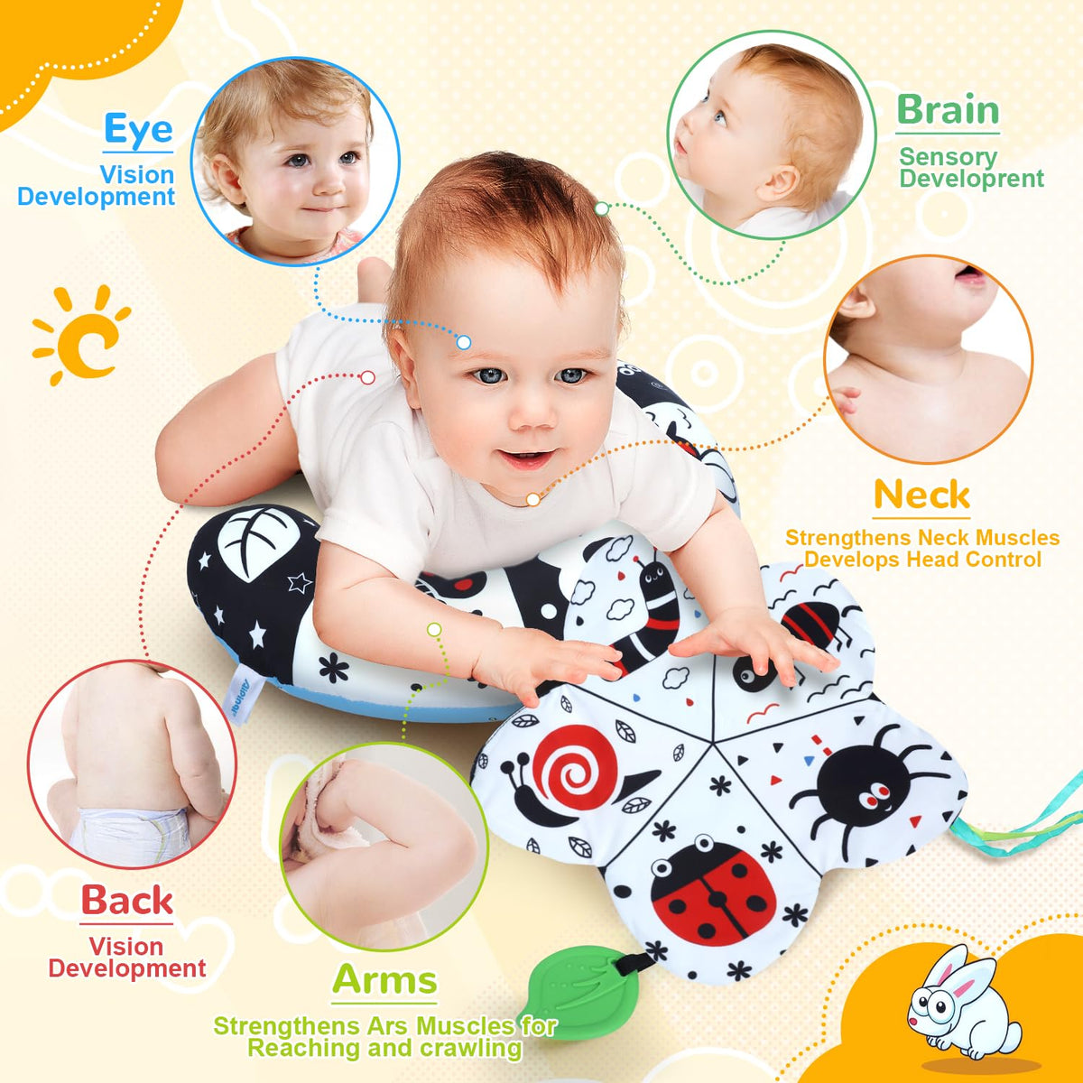 USATDD tummy time pillow with detachable sensory toys for tactile exploration