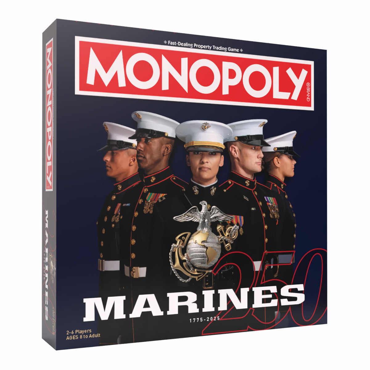 USAOPOLY Monopoly Marines edition cover art showcasing the 250th anniversary theme.