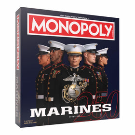 USAOPOLY Monopoly Marines edition cover art showcasing the 250th anniversary theme.