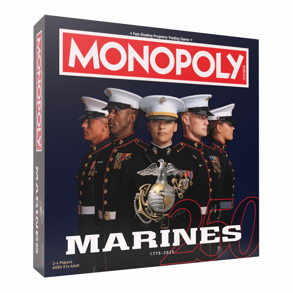 USAOPOLY Monopoly Marines edition cover art showcasing the 250th anniversary theme.