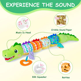 Ussybaby crocodile caterpillar toy rattle feature during car seat play