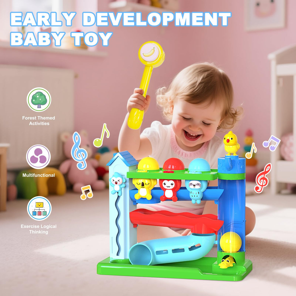 Ussybaby Hammer Toy Ball-Drop demonstrates drop-and-respond play.