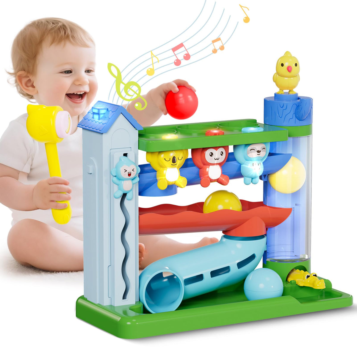 Ussybaby Hammer Toy Monkey boosts motor skills with lights and sounds.