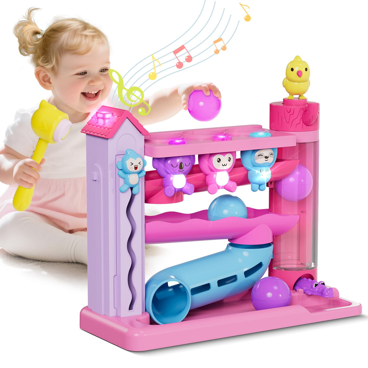 Ussybaby hammer-mode toy with monkey boosts motor skills through interactive play.