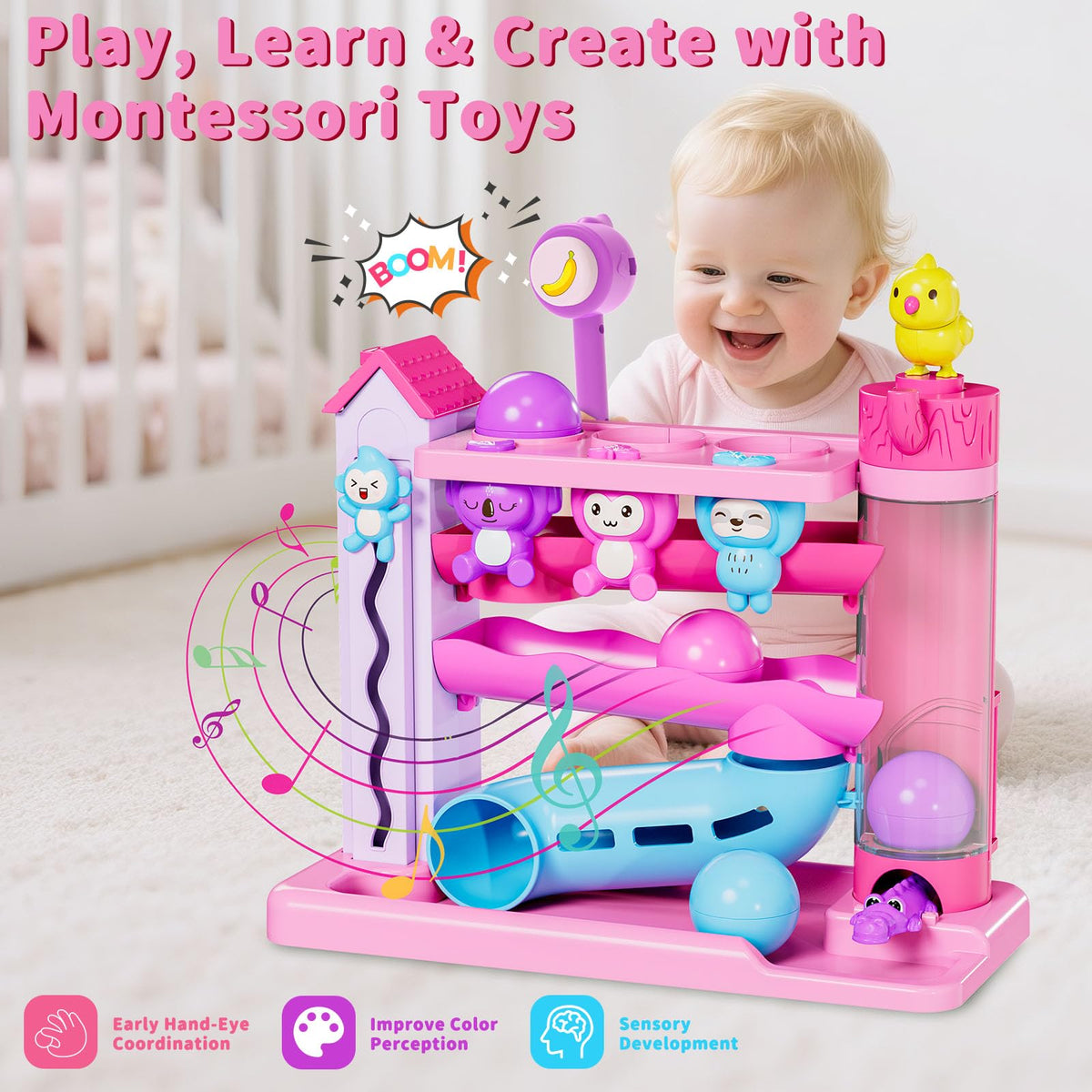 Ussybaby monkey-ball drop lights up with sounds to support hand-eye coordination.