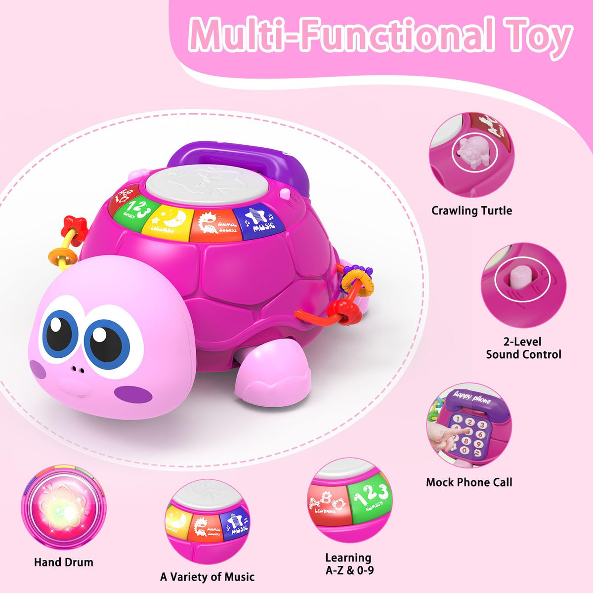 Ussybaby turtle toy lights up to capture attention during play