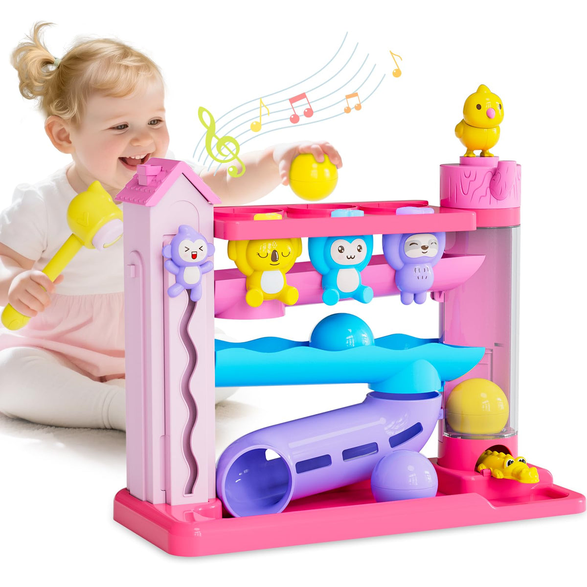 Ussybaby pink ball drop toy with lights boosts fine motor skills.