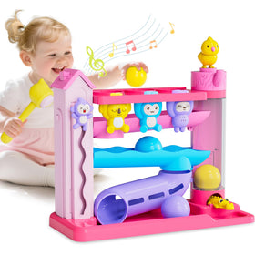 Ussybaby pink ball drop toy with lights boosts fine motor skills.