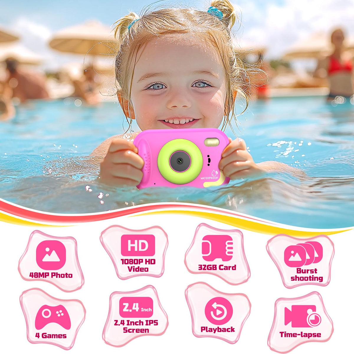 Usteetic Kids Camera continuous shooting and timed photos for creative captures.
