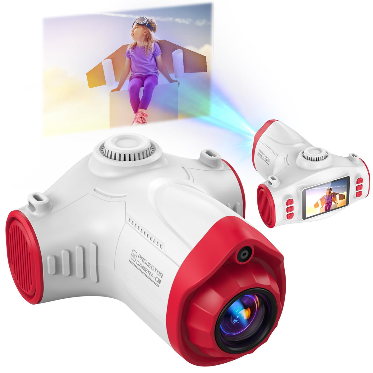 Usteetic Kids Camera with Projector projecting onto a wall for a mini show