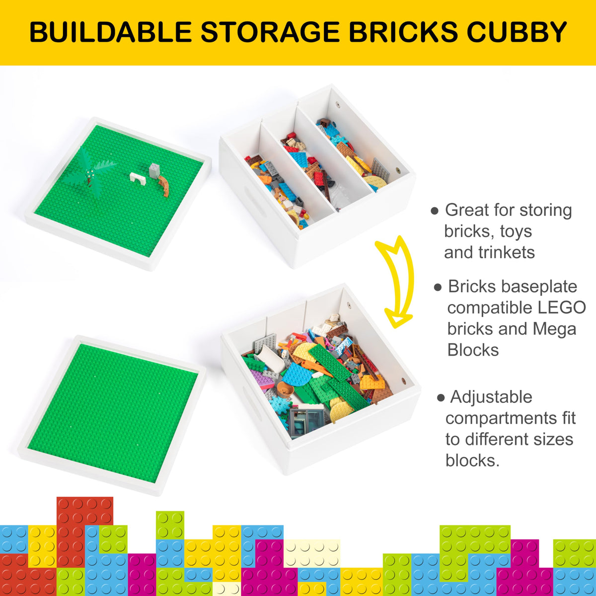UTEX cubby with three compartments neatly sorts blocks by color and size