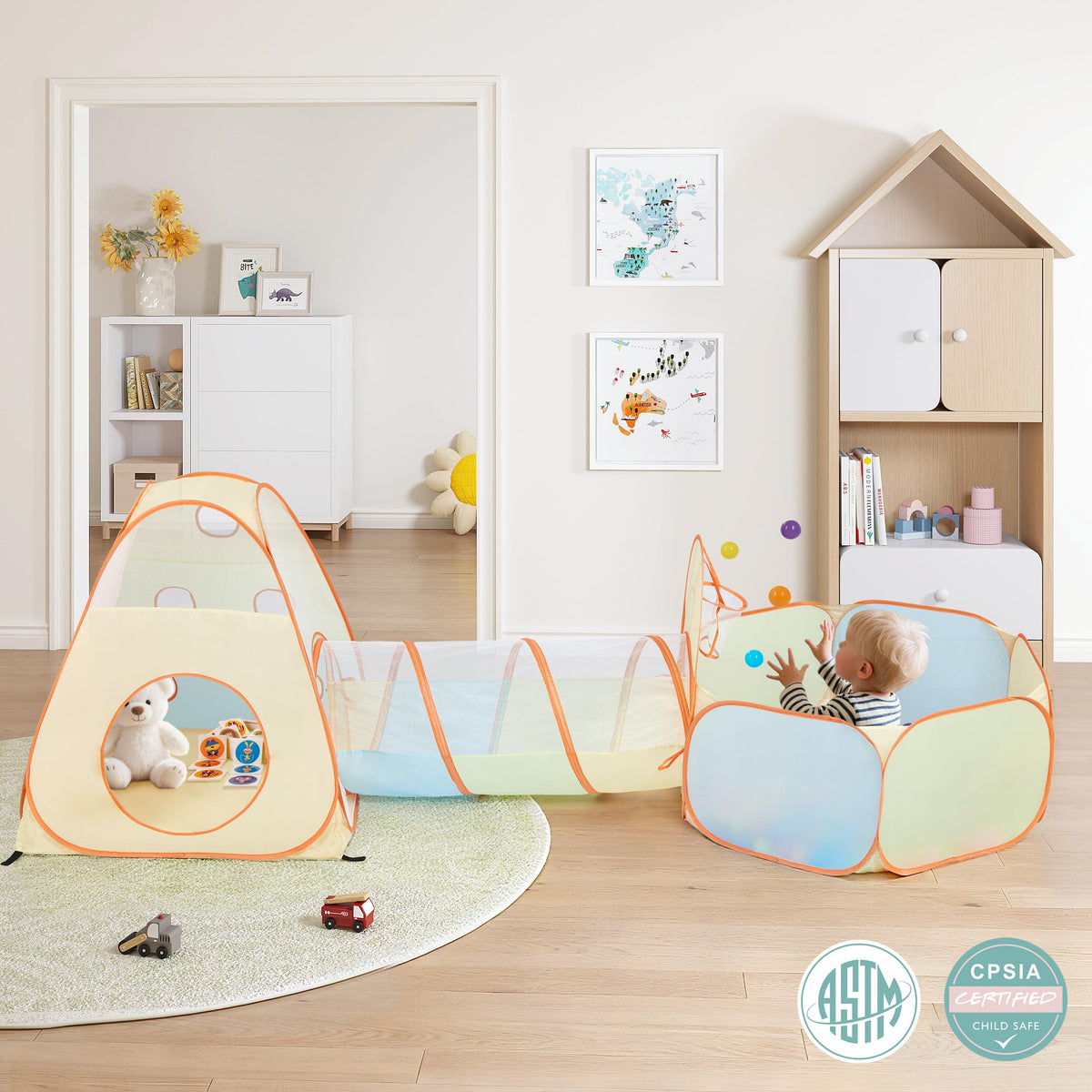 UTEX pop-up tent with tunnel set up for quick, open-ended play.