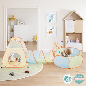 UTEX pop-up tent with tunnel set up for quick, open-ended play.