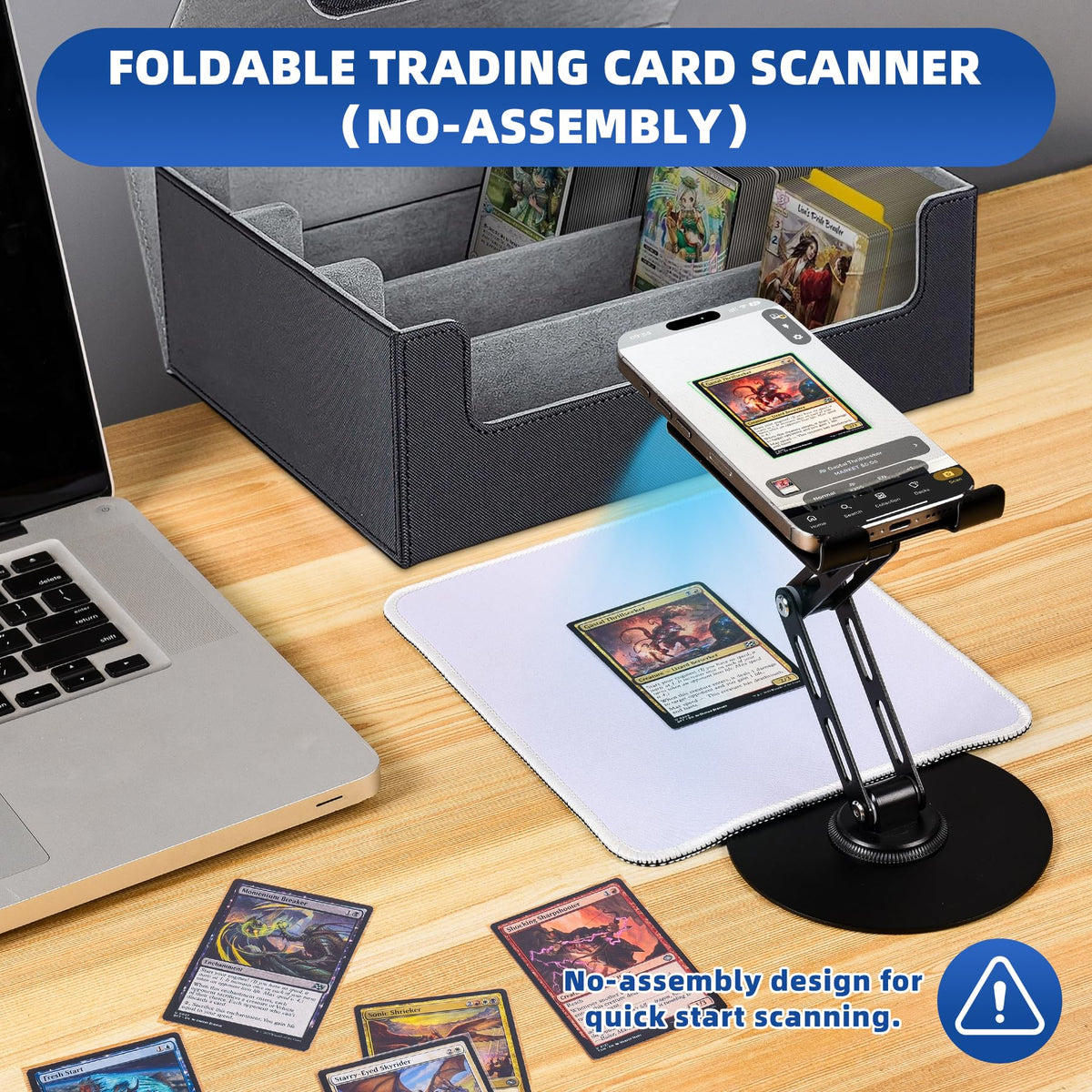 Utllsitm adjustable-height stand fits many phones for optimal scanning angles.