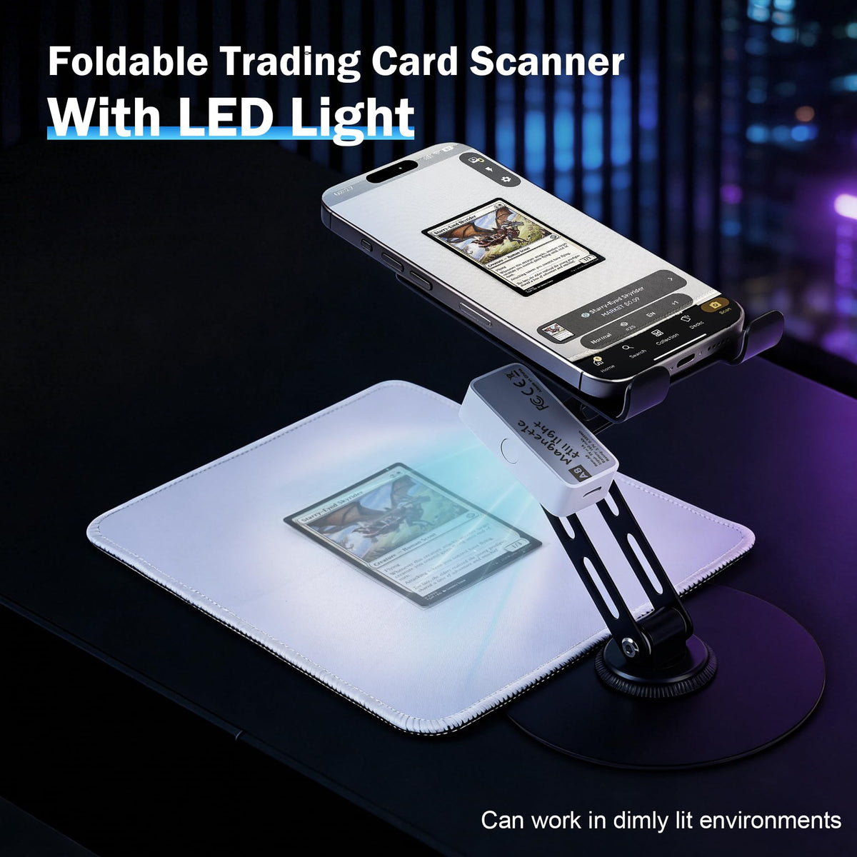 Utllsitm magnetic LED light provides glare-free illumination for clear card scans.