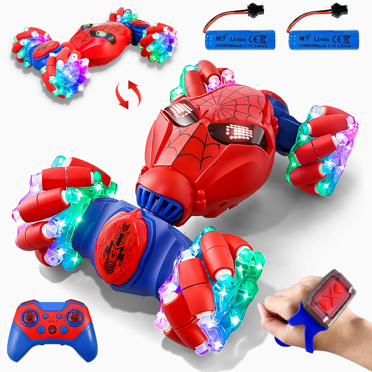 Uucoco S-Pider RC gesture-sensing stunt car front view with responsive controls and lights