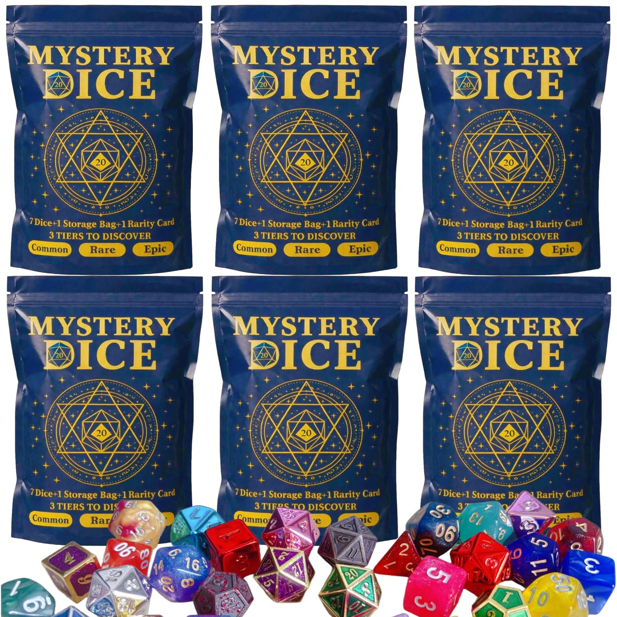 UURM mystery dice set: seven polyhedral dice for RPG adventures.